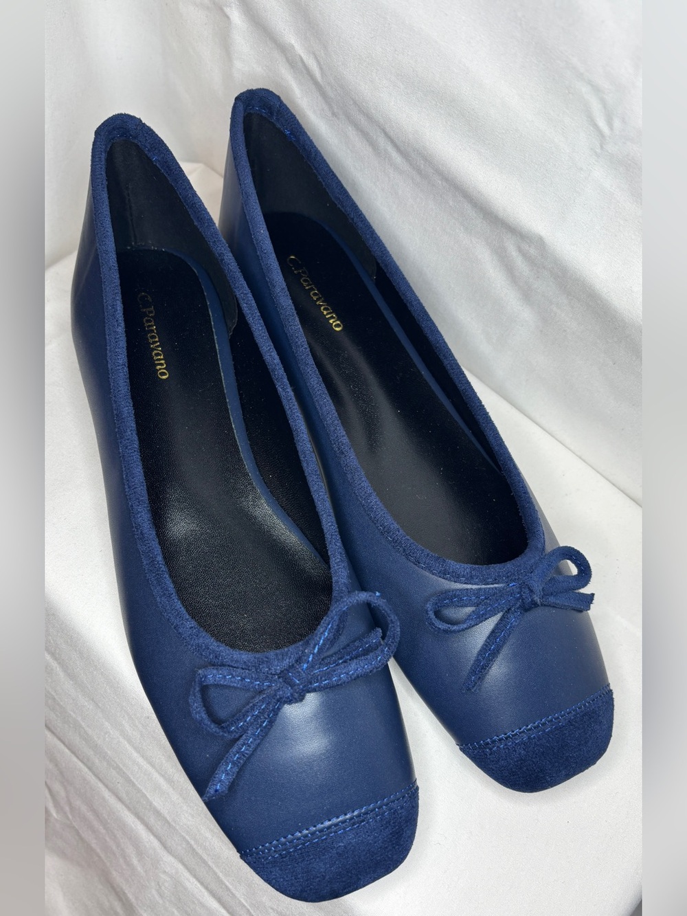 C. Paravano Navy Square Toe Ballet Flats Bow Leather Lambskin Women’s Size 9.5